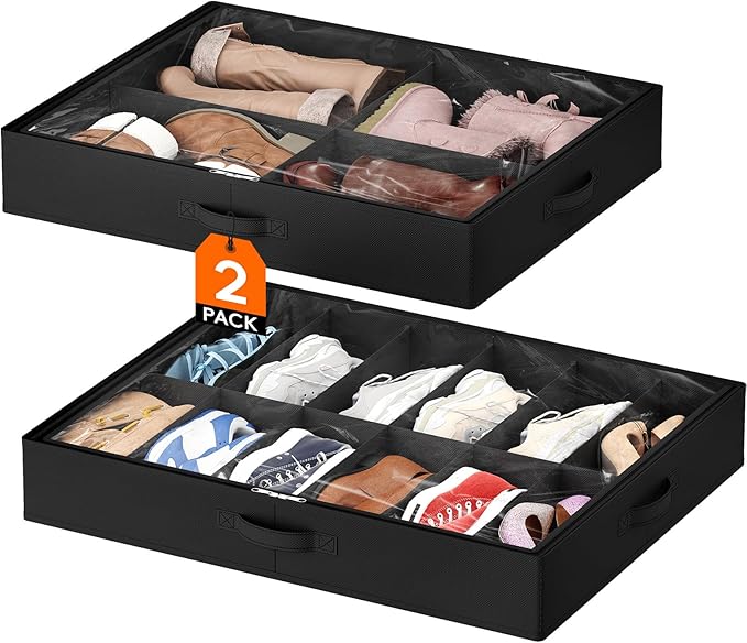 Lifewit Under Bed Shoe Storage Organizer 2 Pack(12 Pairs+4 Pairs), 4.3" Tall Fabric Shoes Container Box, Foldable Closet Shoe Bag with 2 Reinforced Handles and Clear Cover, Black