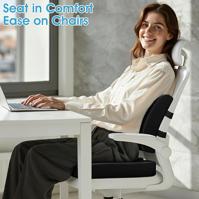 Ergonomic Seat Cushion & Lumbar Support Pillow - Memory Foam for Sciatica Pain Relief & Posture Correction, Non-Slip Chair Cushions for Office Chair/Car/Wheelchair/Travel (Black)