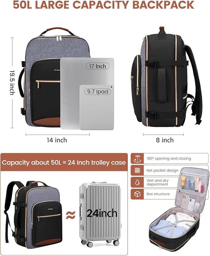 LOVEVOOK 50L Travel Backpack for Women & Men, Airline Approved Carry On Luggage with 3 Packing Cubes, TSA Overnight Bags, Waterproof Personal Item Bag, Weekender Essentials Backpacks fits 17" Laptop