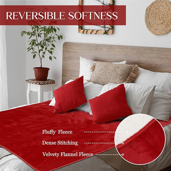 Waterproof Blanket and Stain Proof, Queen Size 80'' x 60'' Double Side Leakproof Reversible Sherpa Flannel Fleece 3 Layer Lightweight Red Blanket, Absorbs 50oz