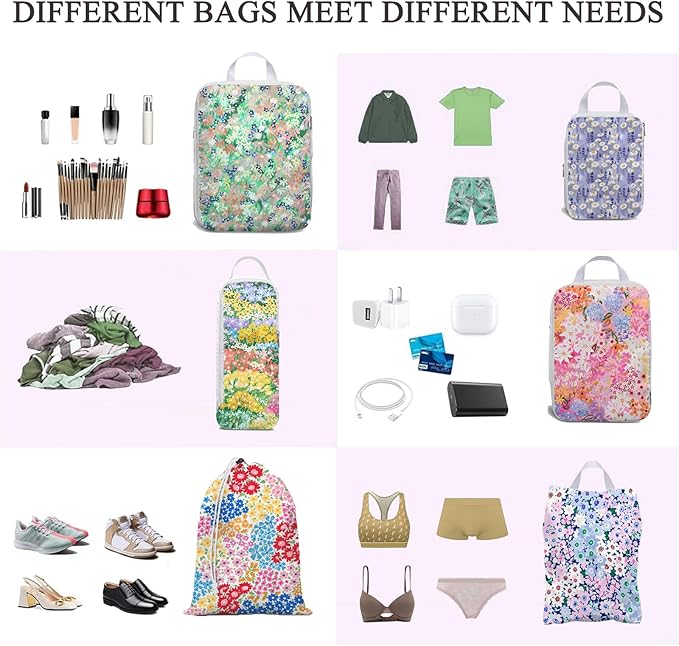 6 Pcs Compression Packing Cubes Waterproof Suitcase Travel Bag Luggage Backpack Organizer Travel Cubes for Packing-Small Floral Print