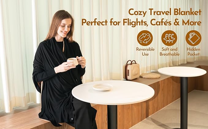 16-in-1 Compact Travel Blanket with Bag – Reversible, Ultra Soft Bamboo Airplane Blanket with Hidden Pocket – Packable for Flights & Travel Essentials (Semi-Weighted, Double Layer)