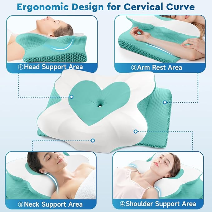 Cervical Neck Pillow, Memory Foam Neck Support Pillows for Sleeping, Shoulder Pillow for Side Sleepers, Back Stomach Sleepers, CertiPUR-US Certified, King Size, Green