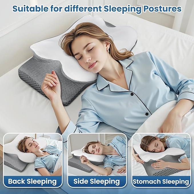 Memory Foam Bed Pillow – Contour Support Pillow for Side & Back Sleepers, Soft Ergonomic Design, Cooling Breathable Cover, Removable Washable Case, Standard Size, Grey