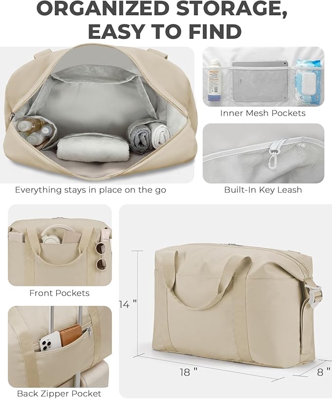 Percover Weekender Travel Duffel Bag for Women, Lightweight Soft-Structure 33L Carry-On, Water-Resistant Nylon with Shoulder Strap & Trolley Sleeve, Personal Item Friendly, Camel Tan