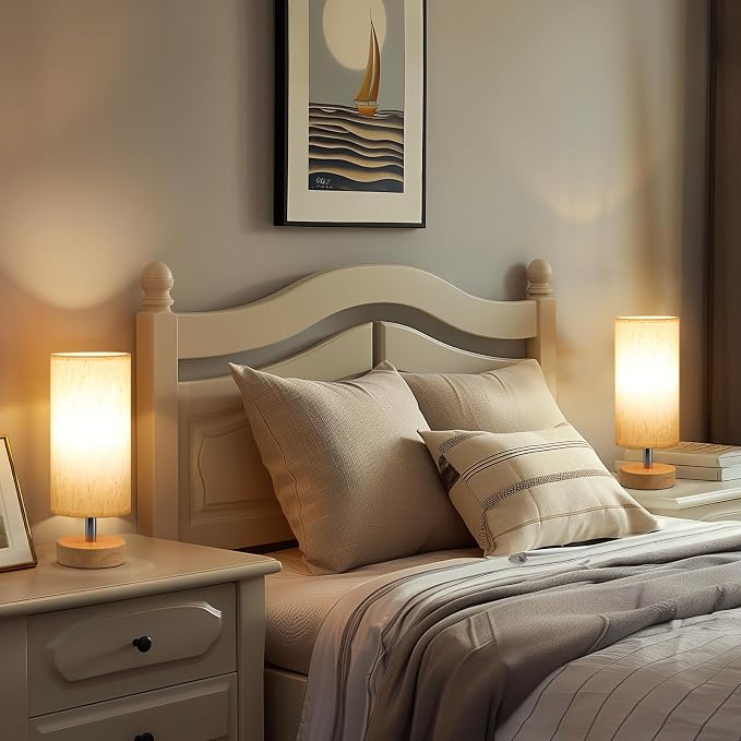Table Lamps Set of 2 （Cream Shade - Wood Base, 11.6" Inline Control） | Bulb not Included | Small Lamps for Bedroom | Desk Lamp for Reading | for Living Room | for Dorm | Linen Shade