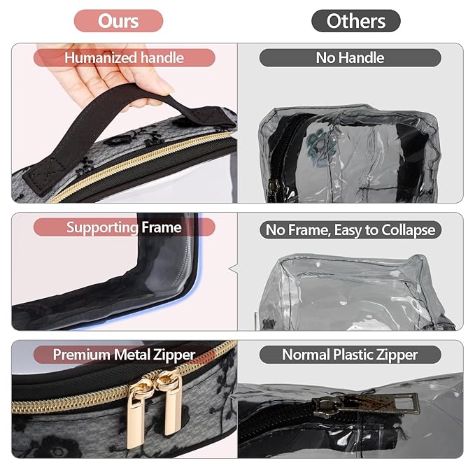 PACKISM Stylish TSA Approved Toiletry Bag Set, Floral Lace, Clear Makeup Bag with Handle, 1 TSA Medium & 1 Large for Travel, Gift for Women, Black
