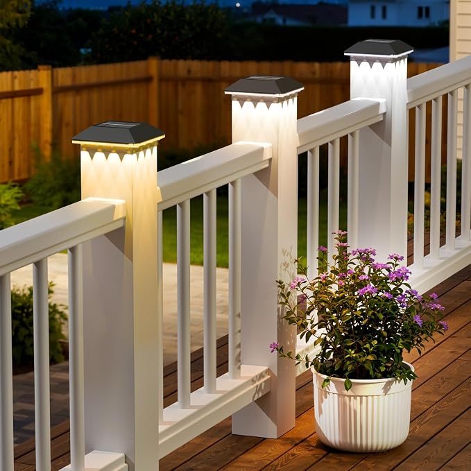 4 Pack 4x4 Solar Post Light, 3 Modes Wooden Vinyl Fence Cap, Black | 3 color temperatures, Waterproof LED Solar Post Lights, Patio Porch Decor, Only Fit Two True Size Post: 3.5''x3.5'', 4''x4''