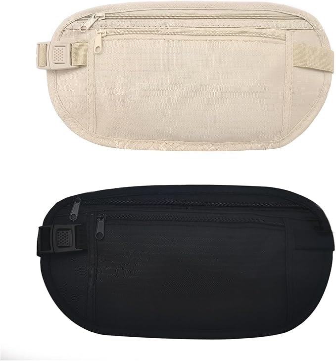 FuninCrea Money Belt, Nylon Fanny Pack Hidden Belt Bag with RFID Blocking for Women Men, Anti-theft Waist Pack Under Clothes with Adjustable Buckle for Travel, Running, Hiking, Cycling (khaki+black)
