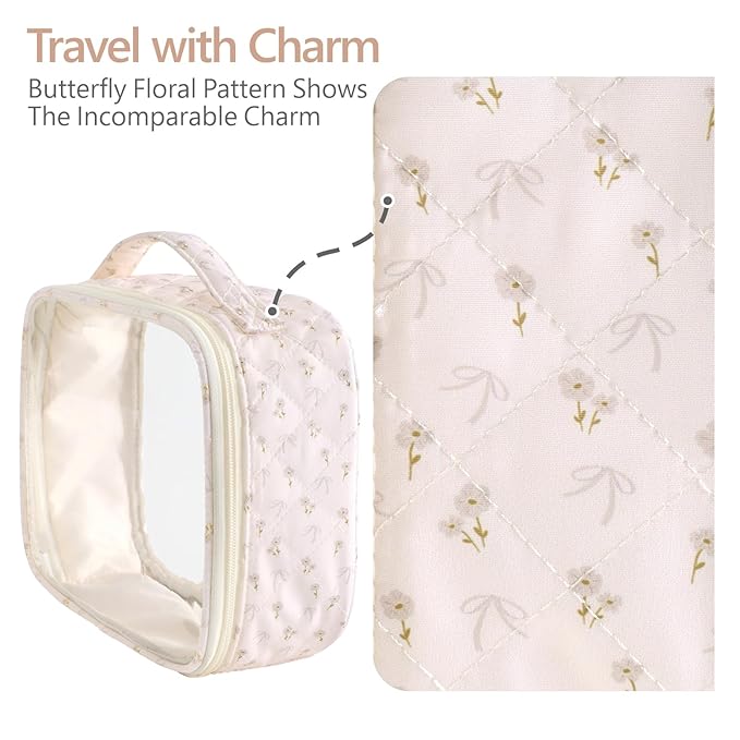 PACKISM Stylish TSA Approved Toiletry Bag Set, Flora, Clear Makeup Bag with Handle, 1 TSA Medium & 1 Large for Travel, Gift for Women, Pink Ditsy Floral
