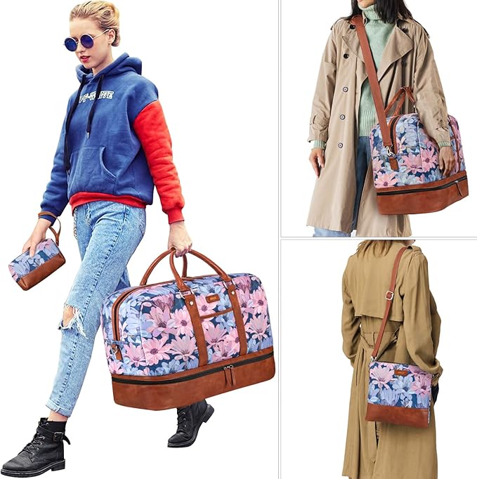 Weekender Bag for Women, Large Overnight Bag Canvas Travel Duffel Bag Carry On Tote with Shoe Compartment 21" 3Pcs Set