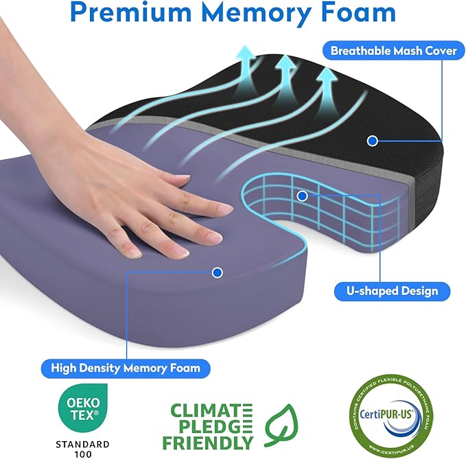 Seat Cushion, Office Chair Cushions, Car Seat Cushion, Non-Slip Sciatica & Back Coccyx Tailbone Pain Relief Chair Pad, Memory Foam Pillow for Computer Desk, Wheelchair, Driving(Black)