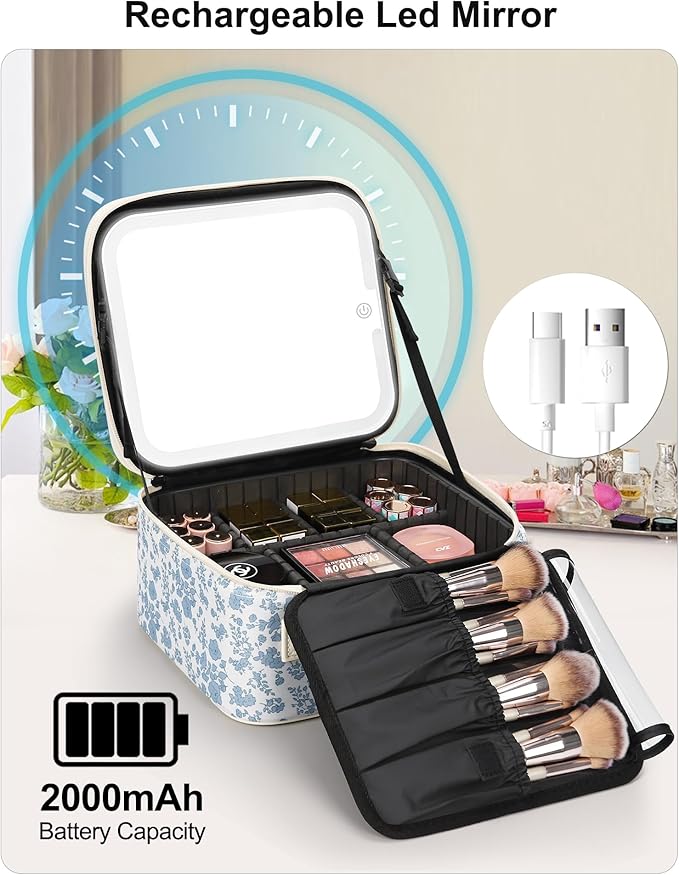 Relavel Travel Makeup Bag with LED Mirror, Portable Cosmetic Train Case with 3 Color Lighted Brightness Mirror, Makeup Artist Organizer Storage with Adjustable Dividers Make Up Box - Blue Flower