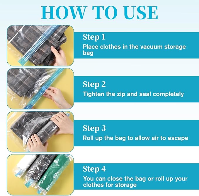 4 PCS Roll up Compression Bags, 19 X 14" Vacuum Travel Bag, Roll-Up Space Saver Bags for Travel, Vacuum Seal Storage Bag for Packing Clothing Suitcases Luggage Home Organizers, No Pump Needed