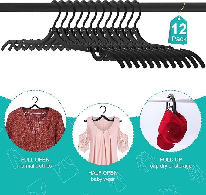 12 PCS Travel Hangers,Portable Folding Clothes Hangers,Black Foldable Hangers Lightweight Travel Accessories,Non-Slip Folding Hangers for Clothes,Foldable Clothes Drying Rack for Travel and Home