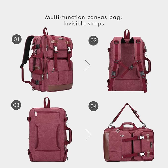 WITZMAN Canvas Travel Backpack for Women Large Laptop Backpack Fit 16 inch Carry-on Airline Approved Convertible Shoulder Rucksack(A6617-3 Red)