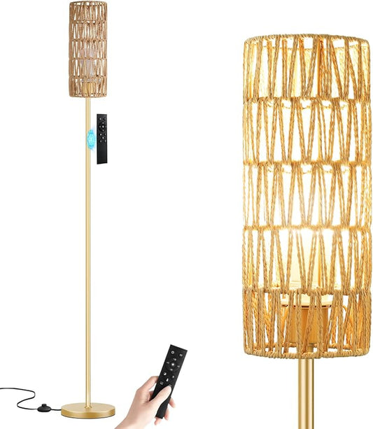 64'' Floor Lamps for Living Room with Remote Control and Stepless Dimmable Colors Temperature & Brightness, Boho Gold Standing Lamp with Beige Rattan Shade