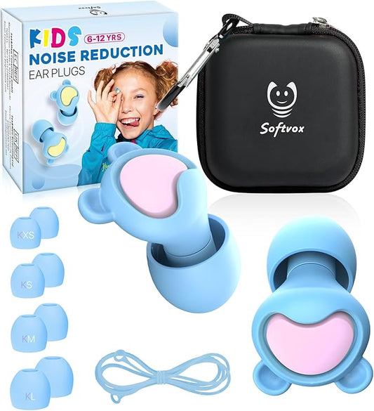 Kids Ear Plugs (6-12 Years) with Cord, Kids Ear Protection Reusable Noise Relief Earplugs for Focus, Travel, Concert, Socializing, Events, Sleep, Anxiety, Home, School, Playtime -26dB Noise Reduction