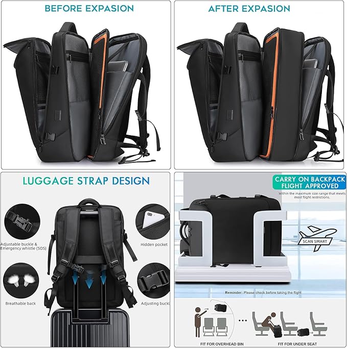 TANGCORLE Travel Carry on Backpack 50L Expandable Flight Approved Backpacks 17.3 inch Laptop and USB Charging Port bags Water Resistant Business Back Pack for Women & Men