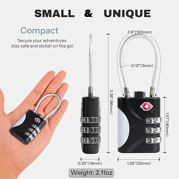 TSA Locks for Luggage, Small Combination Lock with Cable, Luggage Locks TSA Approved, Combo Lock for Suitcase, Cabinet, Gym Locker, Backpack, Small Padlock for Travel Essentials (Black)