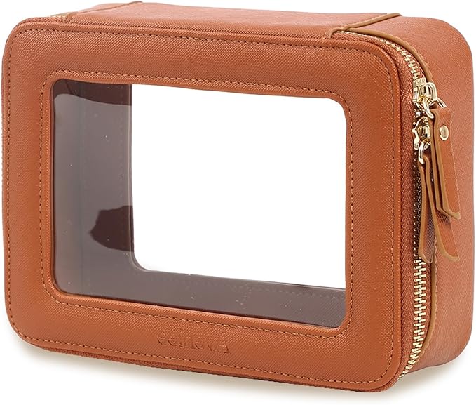 Aveniee Clear Makeup Bag, Travel Toiletry Case for Women, Cosmetic Pouch with Zippers, Car Storage Organizer for Essentials,Brown,Medium Classic