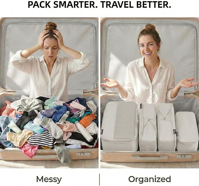 4 Piece Compression Packing Cubes for 3–7 Day Travel, Lightweight Travel Organizers with Breathable Mesh, Double-Zipper Packing Cubes for Carry-On & Suitcases (Off White)
