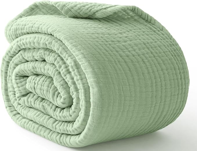 100% Cotton Muslin Blanket California King 120" x 90", 6 Layers Breathable and Lightweight Oversized Blankets for Bed, Soft Cooling Gauze Blanket for Adults All Season, Sage Green