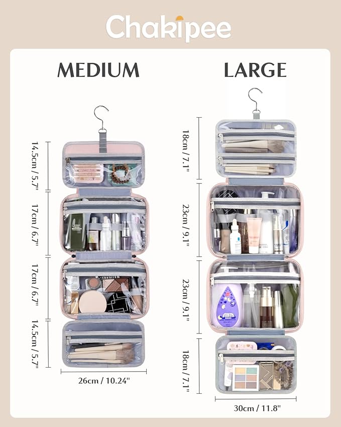 Travel Hanging Toiletry Bag for Women - Waterproof Cosmetic Organizer with Clear Window, Lightweight Bathroom Bags for Essentials, Makeup, Shampoo, Toiletries Pink,Large