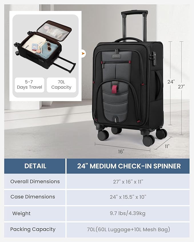 LOVEVOOK Business Softside Checked Luggage with 15.6/17.3 Inch Laptop Compartment, 24 Inch Checked Suitcase with Spinner Wheels Large Capacity Luggage with TSA Lock for Business Trip Travel Grey&Black