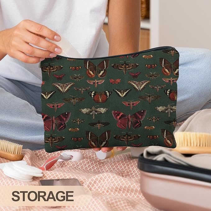 Moody Green Academia Butterfly Cosmetic Bags Toiletry Bag for Women, Vintage Butterfly Makeup Bag, Butterfly Gifts for Women, Dark Cottagecore Butterflies Makeup Pouch