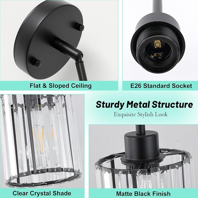 3 Pack Pendant Light Fixtures, Modern Black Pendant Lights Kitchen Island, Mini Pendant Lighting with Crystal Shade, Adjustable Hanging Light Fixtures for Entryway Bedroom Hallway