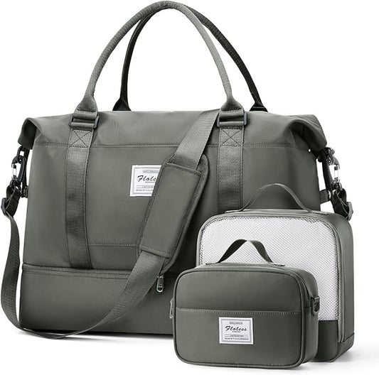 Large Weekender Bags for Women, Travel Duffel Bags with Shoe Compartment,Personal Item Travel Carry on Overnight bag for women Travel 3PCS,Olive Green