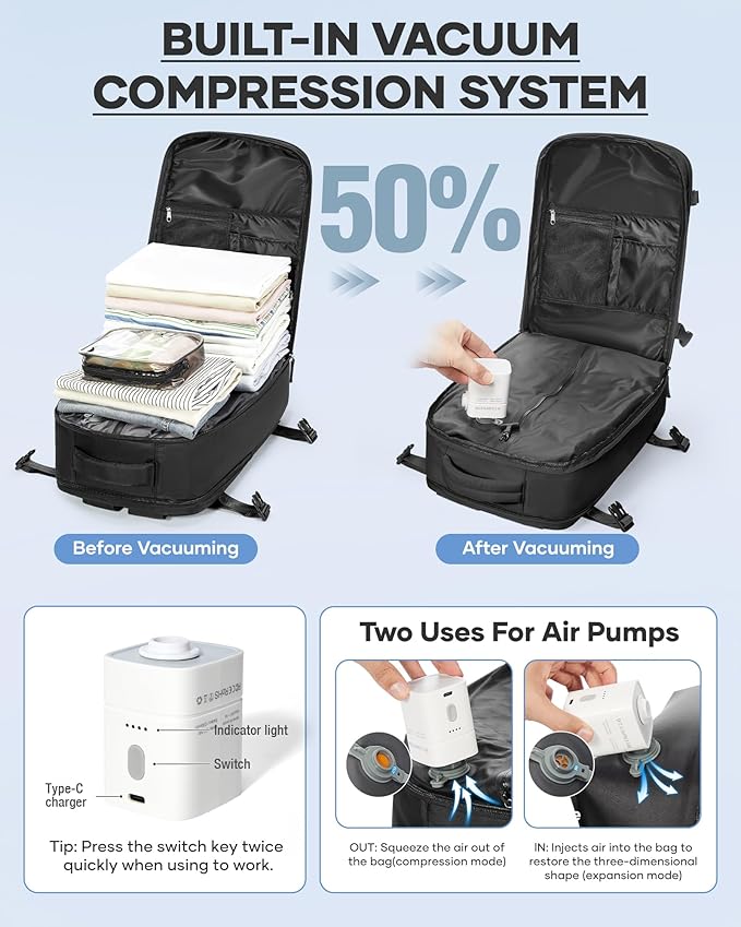 coofay Vacuum Backpack Travel with Pump Vacpack Travel Backpack with Vacuum System Mochila de Viaje Compresion al Vacio Easyvacpack Airbag Backpacks for Traveling Carry on Luggage