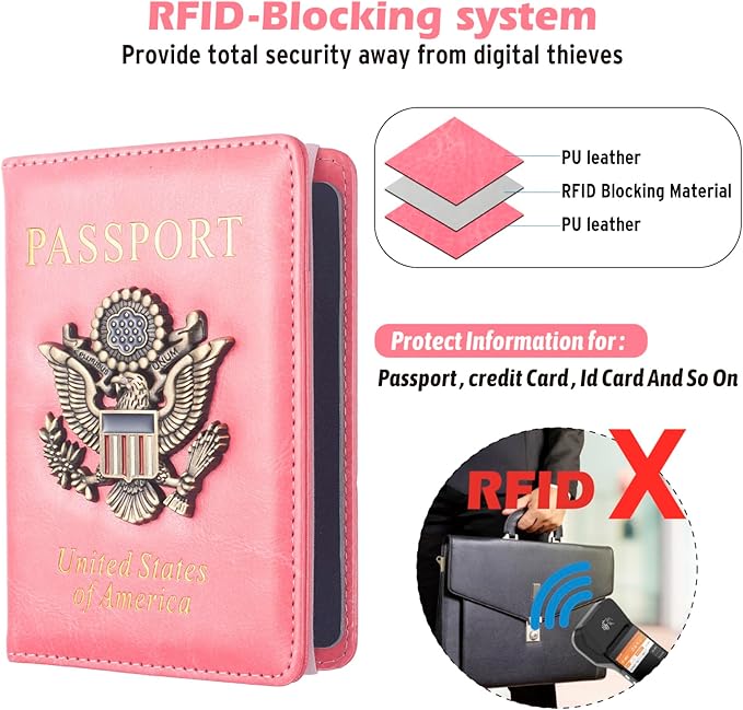 Passport Holder for Travel Women, RFID Blocking Passport Wallet Cover Case, Waterproof Leather Travel Wallet, Document Protector for Traveling Accessories-Hot Pink