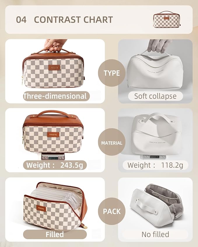 Cosmetic Bag Travel Makeup Bag, Open Flat Makeup Bags for Women, Waterproof Portable Pouch Toiletry Bag Make up Organizer with Divider and Handle Travel Essentials（A-brown Medium）