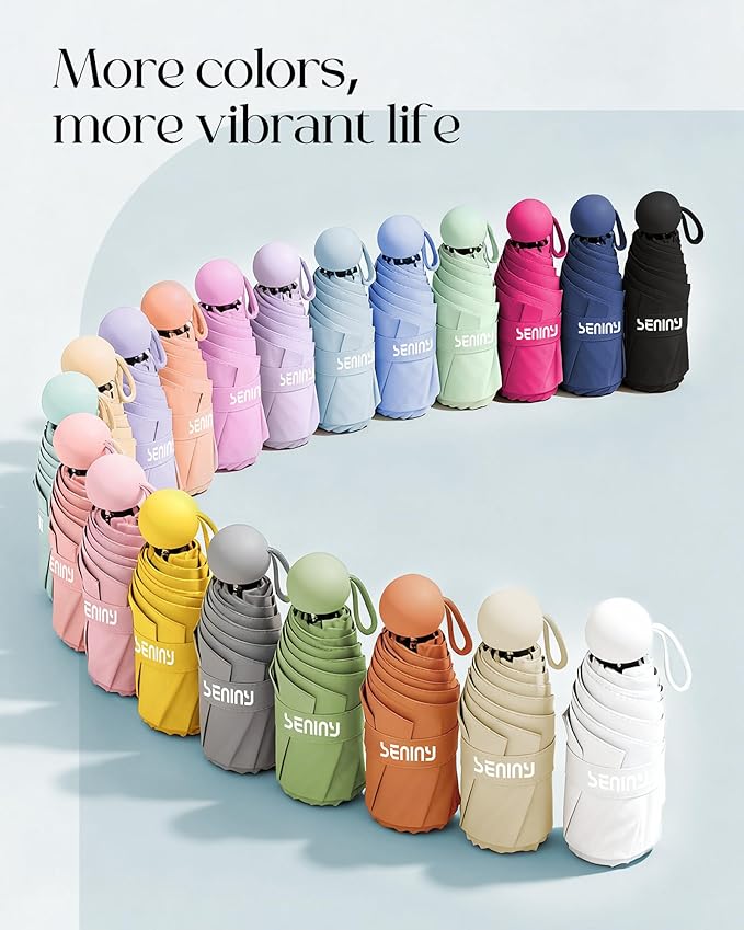 Seniny Mini Portable Travel Umbrella with Case - Compact Umbrellas for Rain & Sun UV Protection for Backpack Pocket, Lightweight Folding Small Umbrella, Tiny Purse Size UV Blocker for Kids Women Girls