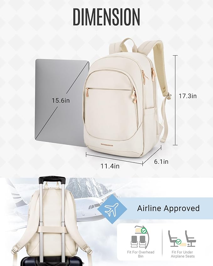 LIGHT FLIGHT Travel Laptop Backpack for Women, 15.6 Inch Backpack with USB Charging Hole, Water Resistant College Bookbag, Large Capacity Black Computer Backpacks for Work, Warm Beige
