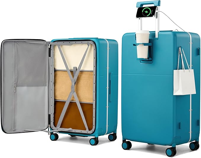 Hanke 28 Inch Top Opening Hard Shell Luggage, PC Aluminum Frame Extra Large Suitcase with Cup Holder, USB-C Charging Port, TSA Lock, 8 Silent Spinner Wheels& Removable Dividers,Caribbean Blue