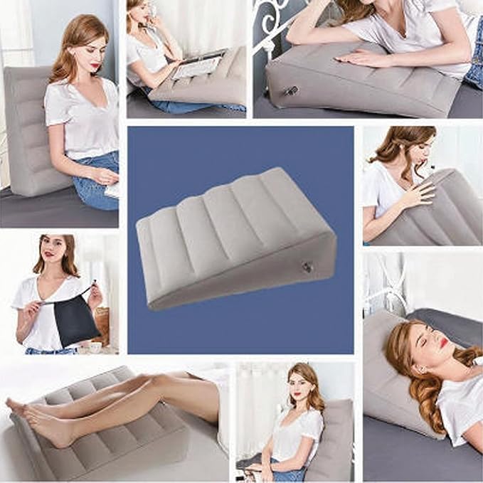 QISHENG Inflatable Wedge Pillow - Lightweight Travel Wedge Pillow for Sleeping, Reading, Camping, Back Pain Relief, Post-Surgery, Snoring and Leg Support, Ideal Sleep Wedge for Adults, Grey