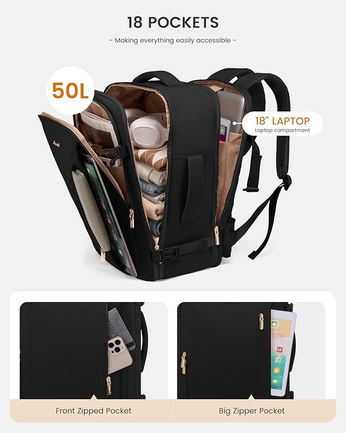 LOVEVOOK Travel Backpack For Women & Men with Waist Strap,50L Waterproof Carry On Backpack Luggage Travel Essentials Flight Approved,TSA Personal ltem Travel Bag Weekender Daypack with 3 Packing Cubes