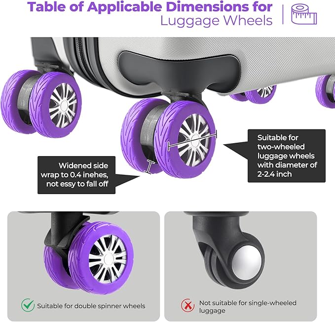8 Pcs Upgrade Luggage Wheel Covers, Carry On Luggage Suitcases,Wear-Resistant, Anti-Noise, Silicone Wheel Protective Covers for 2-2.4" Spinner Wheel,Essential Travel Accessories (Purple)