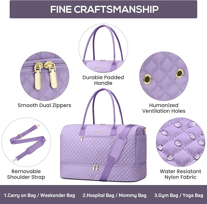 Travel Bag Weekender Bags for Women - Carry on Overnight Bag with Shoe Compartment Duffle Bag with Laptop Pocket Light Purple