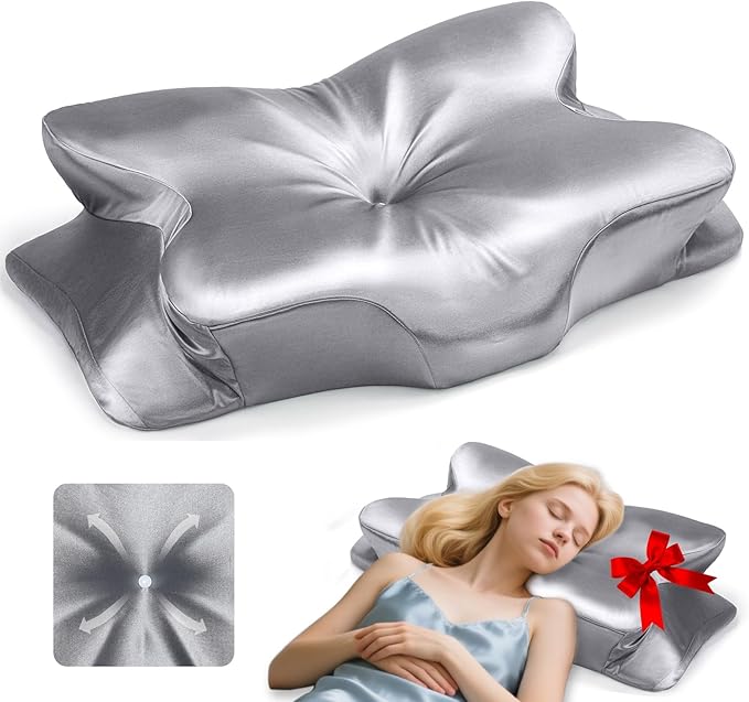 CCidea Cervical Neck Support Pillow for Sleeping & Pain Relief – Ergonomic Contour Memory Foam Pillows for Side/Back/Stomach Sleepers, 2 Heights with Removable Silk Satin Cover - Gifts for Men & Women