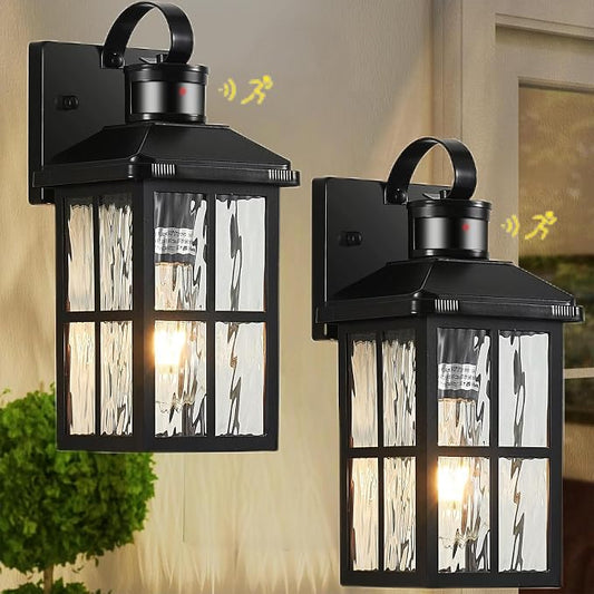 2 Pack Motion Sensor Porch Light Dusk to Dawn Outdoor Wall Light | Exterior Lighting Fixtures Modern Outside Wall Mount Coach Lamp for House Garage Patio Front Door(Black)