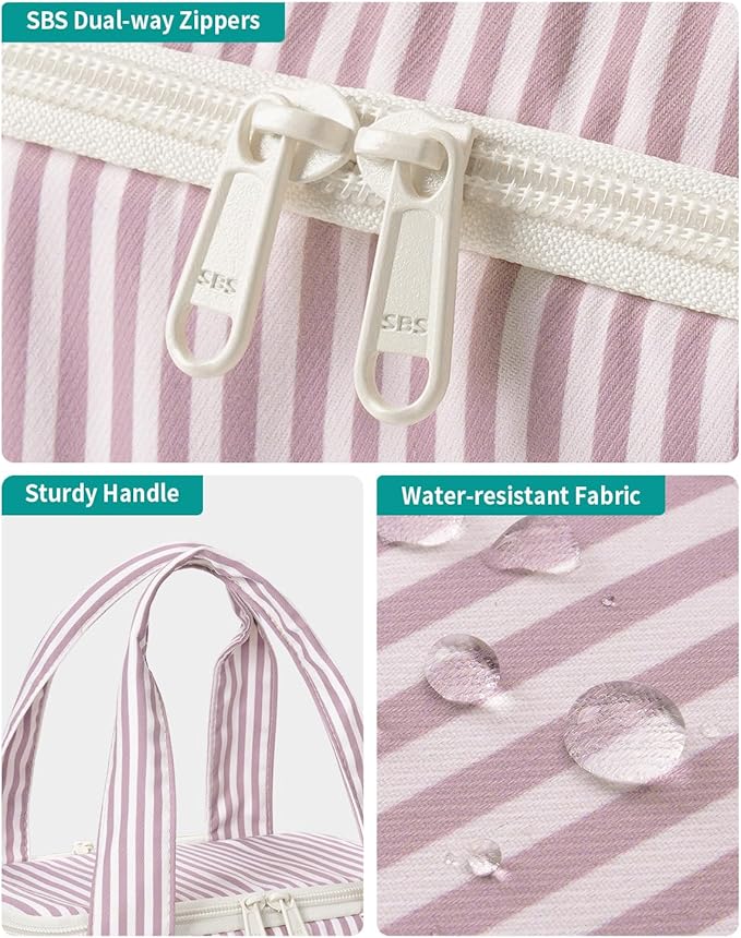 Narwey Striped Travel Toiletry Bag Large Makeup Bag for Women, Wide-open Cosmetic Make Up Organizer with Handle, Travel Bag for Toiletries, Essentials, Accessories (Dusty Pink Stripe)