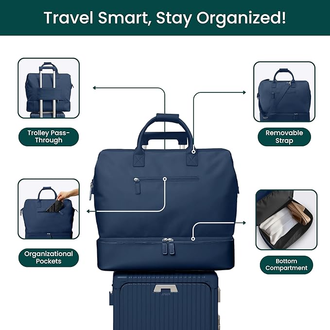 NOBL Travel Weekender Bag for Women & Men, Large Duffel Carry-On Tote with Trolley Sleeve, Separate Shoe Compartment & Laptop Pocket, Leather Overnight Bag for Airplane, Road Trips - Midnight blue