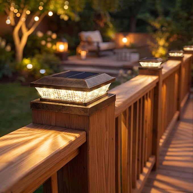 4x4 Solar Post Cap Lights Outdoor 8 Pack, Waterproof Solar Fence Light for Wooden/Vinyl Post, 2 Color Outside Deck Patio Porch Decor, Brown