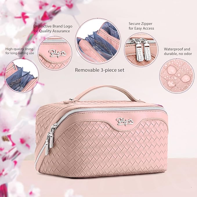 BOYATU Travel Makeup Bag Cosmetic Bags for Women: Large Capacity 3 Pcs Set Make up Bag with Compartments - Waterproof Vegan Leather Toiletry Organizer Bags with Handle (L04 Light Pink)