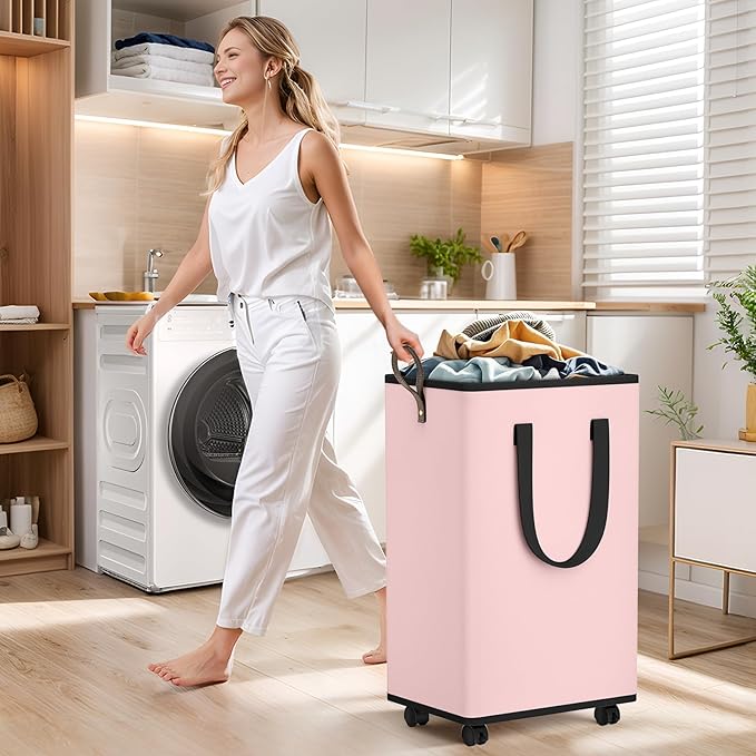 Laundry Basket with Wheels, Collapsible Laundry Baskets, Laundry Hamper with Handles Detachable Wheels, Rolling Laundry Basket, Dirty Clothes Hamper for Bathroom, Dorm, Bedroom, Pink, 100L