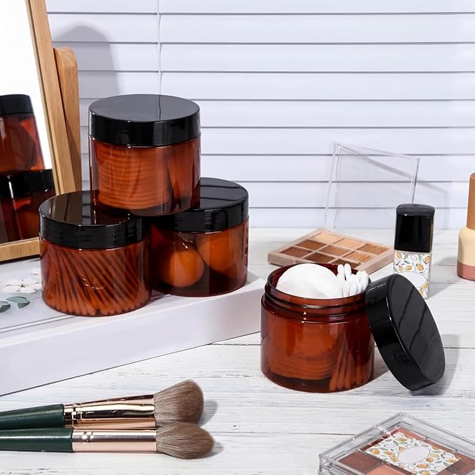 Patelai 4 Pieces Round Wide-mouth Leak Proof Plastic Container Jars with Lids for Travel Storage Makeup Beauty Products Face Creams Oils Salves Ointments DIY Making(6 Ounce,Amber)